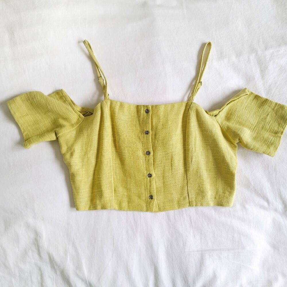 ASTR‎ Cropped Top Womens Large Yellow Short Sleeve Off Shoulder Spaghetti Modern